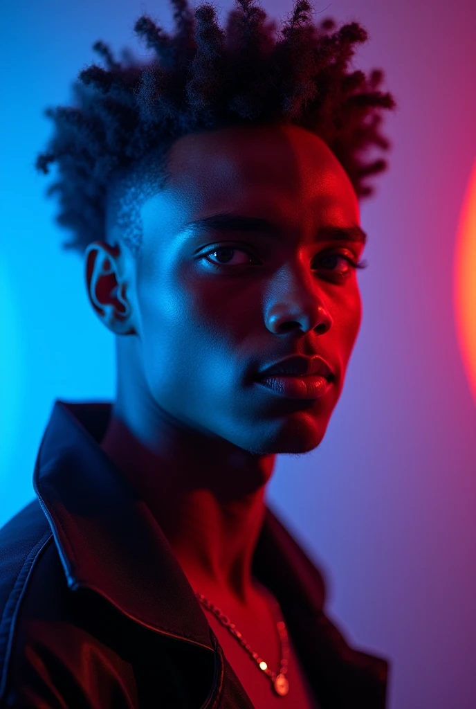 Generate an image of Ethiopian teenager man slightly white skin ton with a blue and red led lights effects size of image 1:1