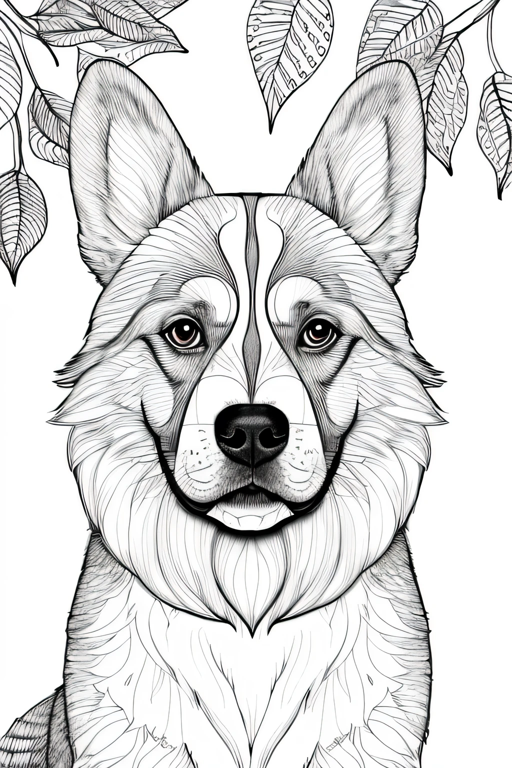 Adult coloring page, bold lines, dark lines, realistic dog face, with leaves,
face, symmetrical, white background,
clean line art, thin line art.
Image should not go beyond the top margin.