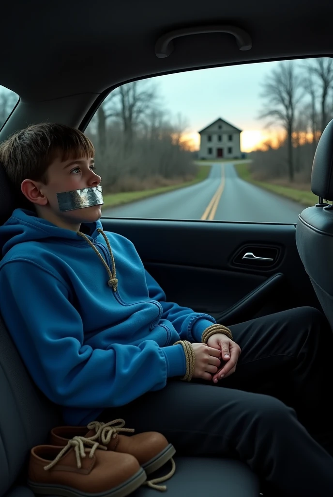  boy wearing blue hoodie and black pants barefoot tied up and gag with duct tape in car with brown shoes beside him while he get kidnapped by kidnapper on a road to abandoned building