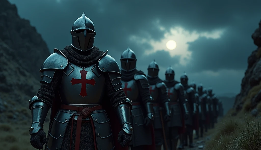 A highly realistic, high-contrast, 8K HD, detailed, hyper-detailed image of a group of Crusader knights, led by the protagonist in steel armor with a red cross emblem on his chest, all facing the same direction under the cover of night. The protagonist's face is clearly visible, showing determination and resolve as he leads the group. The other knights stand united beside him, their swords at the ready, as they prepare to face the challenges ahead. The dramatic landscape around them is illuminated only by the faint light of the moon and stars, with rugged terrain and ominous skies heightening the intensity of the scene. The atmosphere is tense yet filled with camaraderie and resolve, capturing the unity and unyielding spirit of the Crusaders as they stand together in the darkness. The image is of the highest quality, with ultra-high resolution, RAW photo quality, and Unreal Engine rendering, showcasing the solidarity and strength of the Crusaders, with the protagonist leading them under the night sky.
