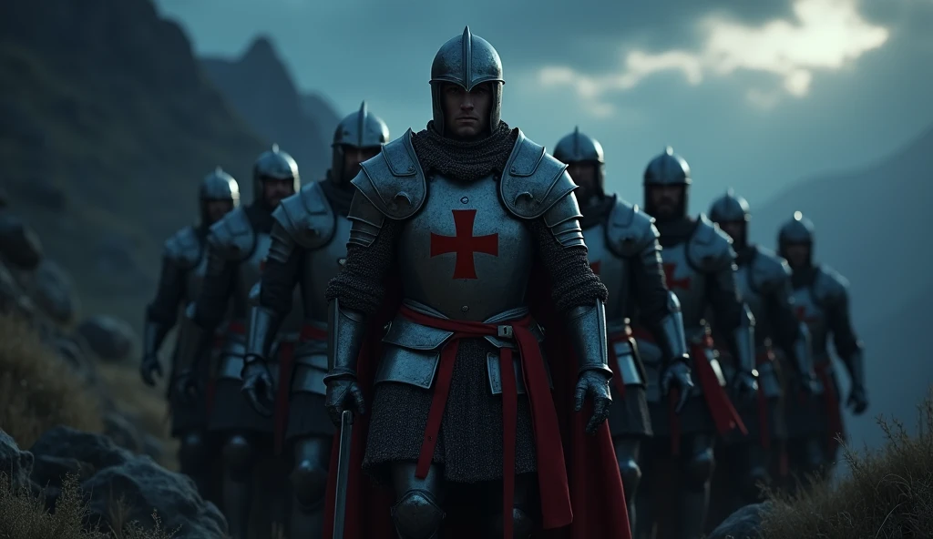A highly realistic, high-contrast, 8K HD, detailed, hyper-detailed image of a group of Crusader knights, led by the protagonist in steel armor with a red cross emblem on his chest, all facing the same direction under the cover of night. The protagonist's face is clearly visible, showing determination and resolve as he leads the group. The other knights stand united beside him, their swords at the ready, as they prepare to face the challenges ahead. The dramatic landscape around them is illuminated only by the faint light of the moon and stars, with rugged terrain and ominous skies heightening the intensity of the scene. The atmosphere is tense yet filled with camaraderie and resolve, capturing the unity and unyielding spirit of the Crusaders as they stand together in the darkness. The image is of the highest quality, with ultra-high resolution, RAW photo quality, and Unreal Engine rendering, showcasing the solidarity and strength of the Crusaders, with the protagonist leading them under the night sky.