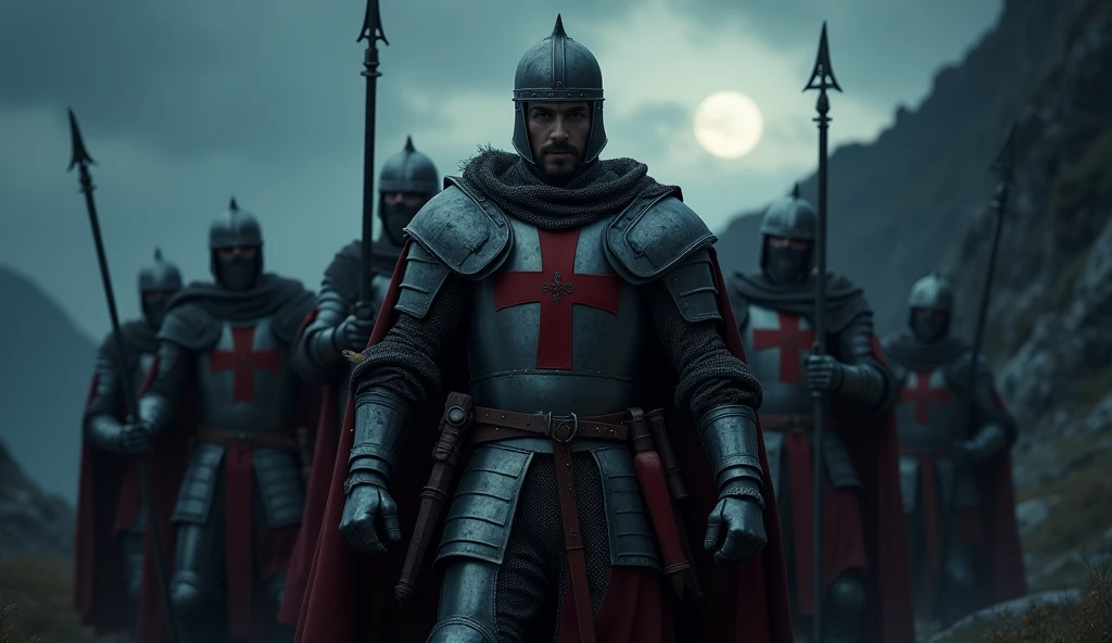 A highly realistic, high-contrast, 8K HD, detailed, hyper-detailed image of a group of Crusader knights, led by the protagonist in steel armor with a red cross emblem on his chest, all facing the same direction under the cover of night. The protagonist's face is clearly visible, showing determination and resolve as he leads the group. The other knights stand united beside him, their swords at the ready, as they prepare to face the challenges ahead. The dramatic landscape around them is illuminated only by the faint light of the moon and stars, with rugged terrain and ominous skies heightening the intensity of the scene. The atmosphere is tense yet filled with camaraderie and resolve, capturing the unity and unyielding spirit of the Crusaders as they stand together in the darkness. The image is of the highest quality, with ultra-high resolution, RAW photo quality, and Unreal Engine rendering, showcasing the solidarity and strength of the Crusaders, with the protagonist leading them under the night sky.
