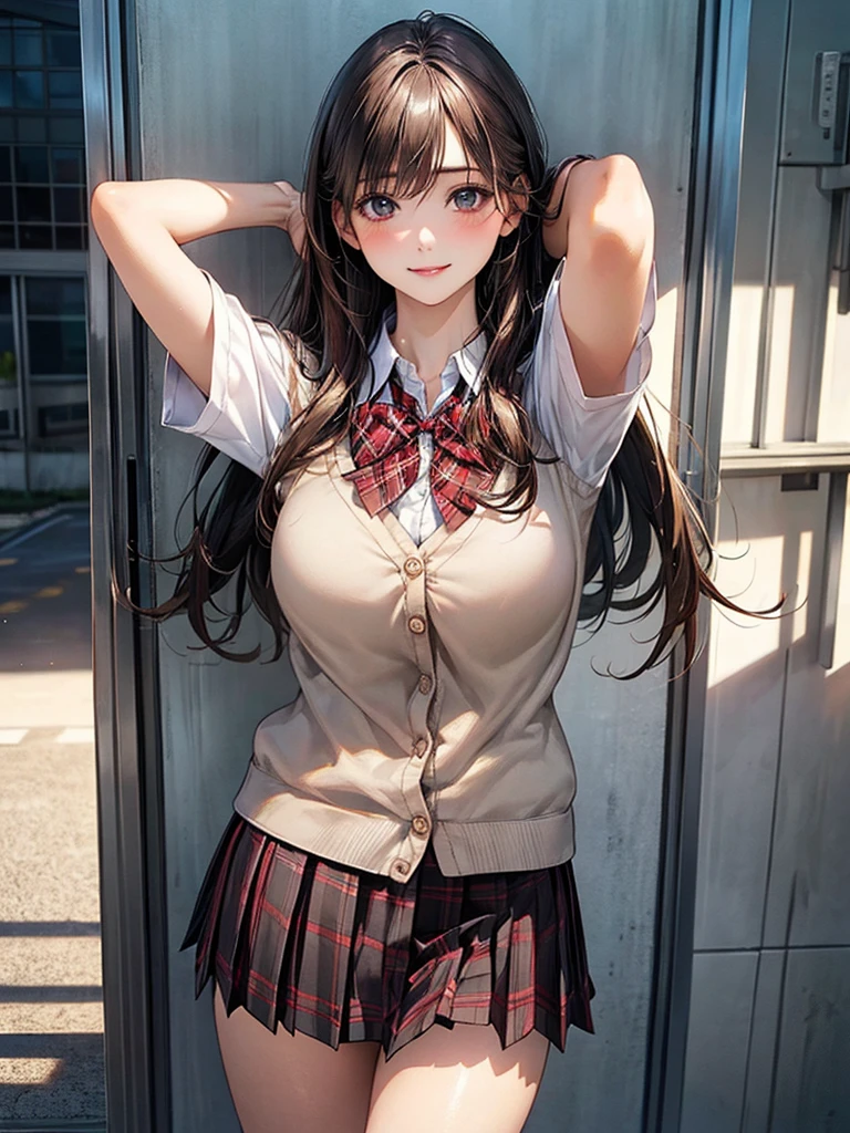 (masterpiece:1.2, top-quality), (realistic, photorealistic:1.4), beautiful illustration,
looking at viewer, full body, front view:0.6,
1 girl, japanese, high school girl, (long hair:1.5), blown hair, bangs, hair between eye, large breasts:1.3, busty, enhance breasts, press breasts together,
beautiful hair, beautiful face, beautiful detailed eyes, beautiful clavicle, beautiful body, beautiful chest, beautiful thigh, beautiful legs, beautiful fingers,
(beautiful scenery), school,
((collared shirt, white shirt, school uniform, light brown cardigan, gray pleated skirt,red plaid bow tie)), white panties,
(dynamic pose, arms up, hands on boobs),
smile:1.5, naughty face