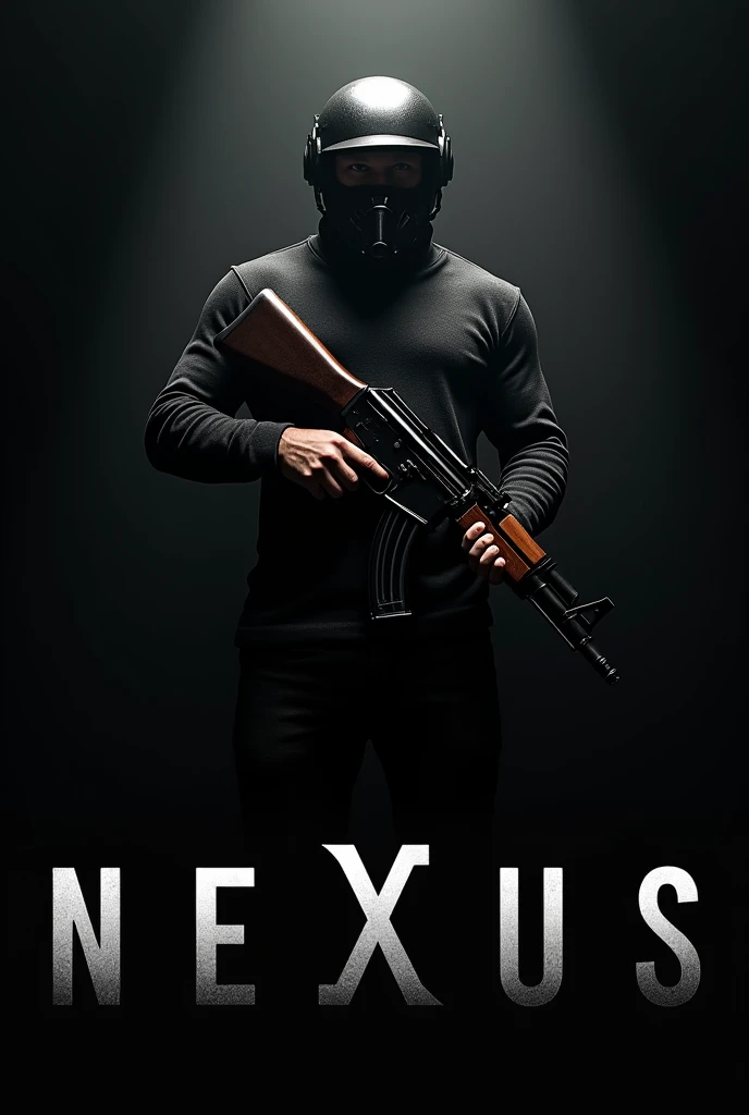 A man with the free fire helmet 3 with an ak47 in his hand around him I want everything black, and below it is written "nexus"