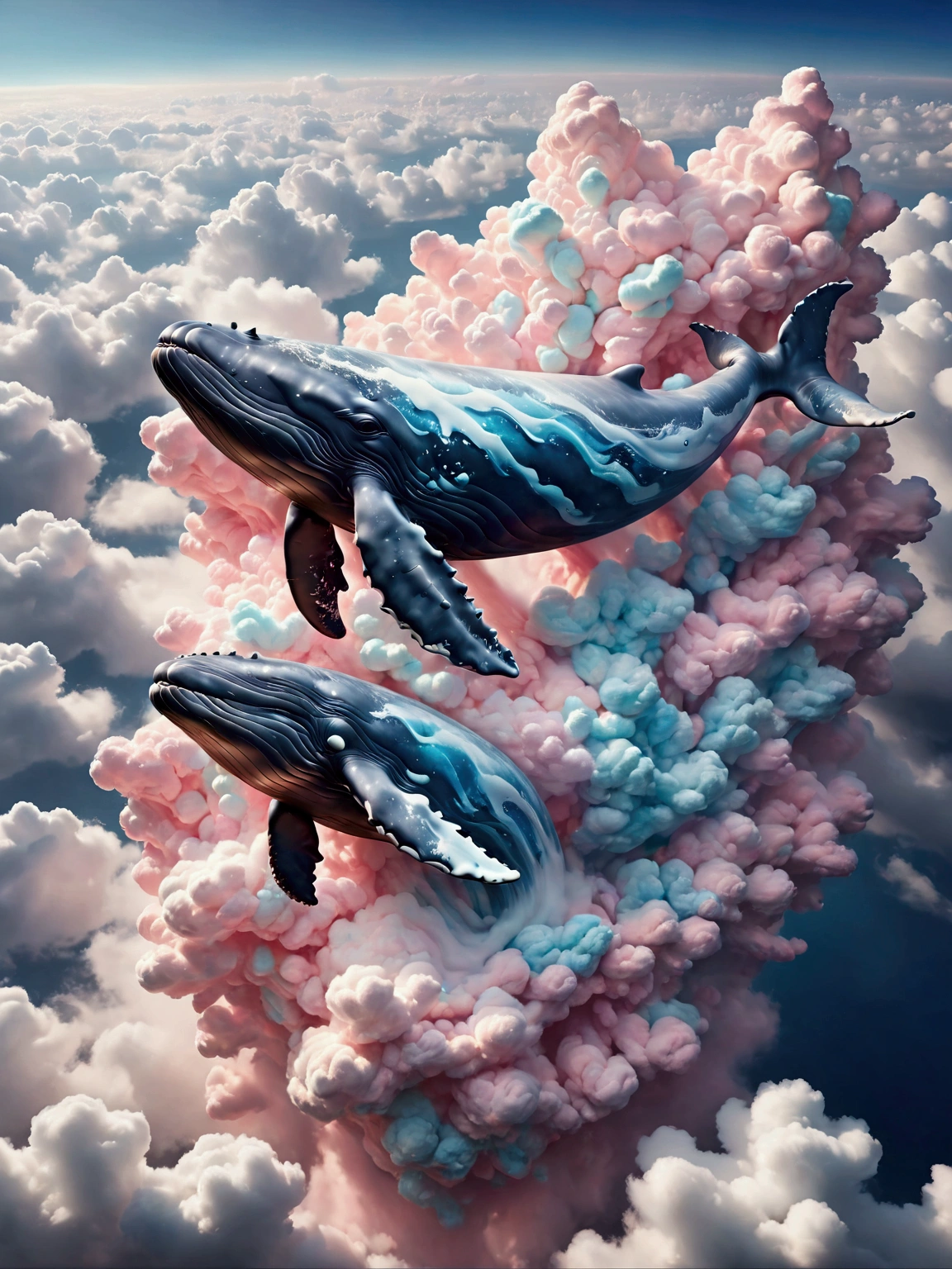 (((A giant whale made of cotton candy clouds))), (((The whale's body is completely covered in fluffy white clouds))), (((Soaring through the sky))), dream world, fly in the sky, The iron tower on the ground, (Aerial view:1.3), (best quality,4K,8k,High resolution,masterpiece:1.2), Super detailed, (actual,photoactual,photo-actual:1.37), sharp focus, bright colors, Ethereal atmosphere, soft light, magic, Surrealism