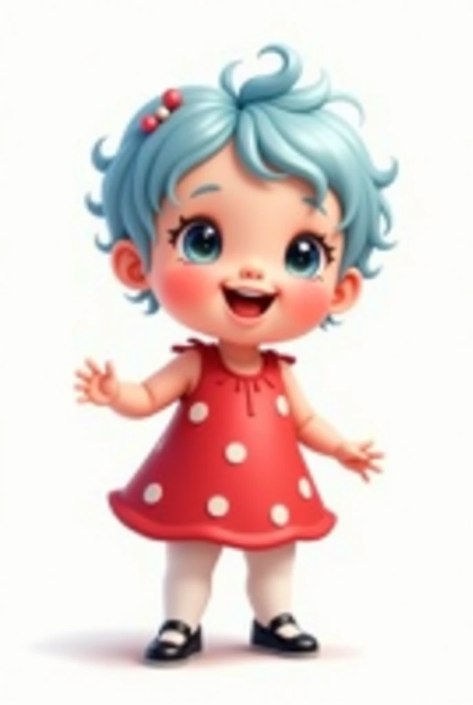 One cartoon baby witght blue hair wearing red dress with white dots white tights and black doll shoes white background