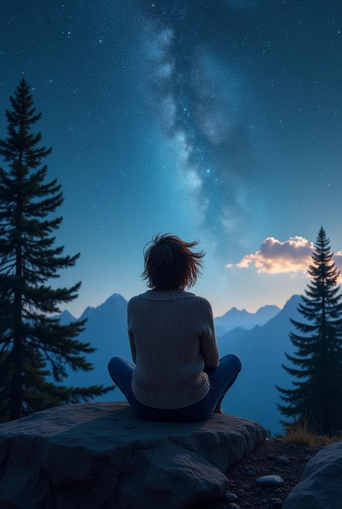 Generate A Realistic image of a person watching to the universe at night time