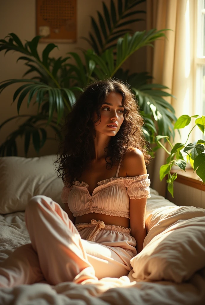 (photorealism:1.2), beautiful woman, sitting on bed, wearing loose off-shoulder top, pajama pants, long curly hair, indoors, soft lighting, plants in background, window with sunlight, cozy room, relaxed pose, realistic, intricate details, warm colors, by Greg Rutkowski, by Alphonse Mucha