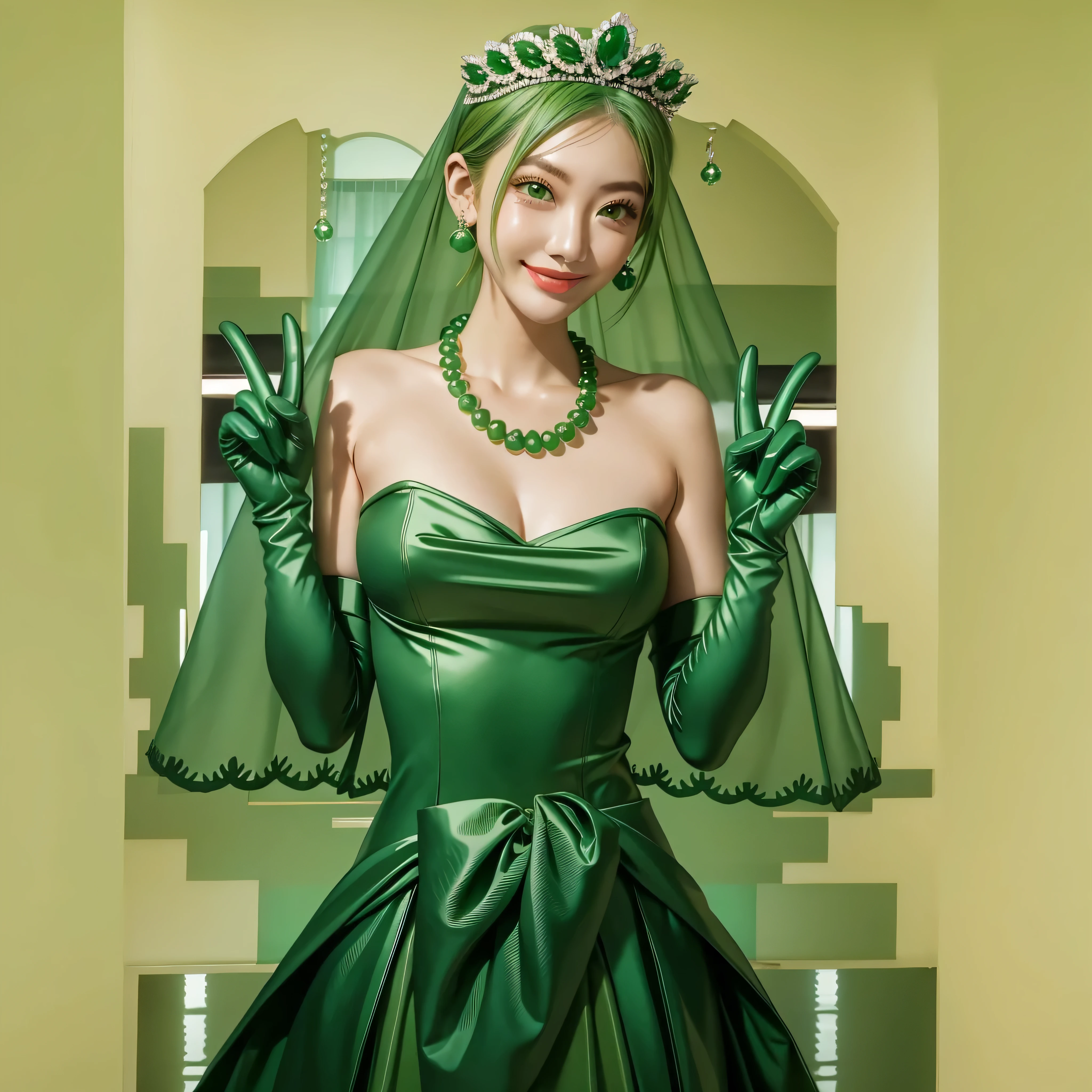 Emerald tiara, Green Pearl Necklace, Boyish very short green hair, Green Lips, Smiling Japanese woman, Very short hair, Busty beautiful lady, Green Eyes, Green satin long gloves, Green Eyes, Emerald Earrings, Green veil, all, Green Hair, Beautiful Japanese Woman, green lip gloss