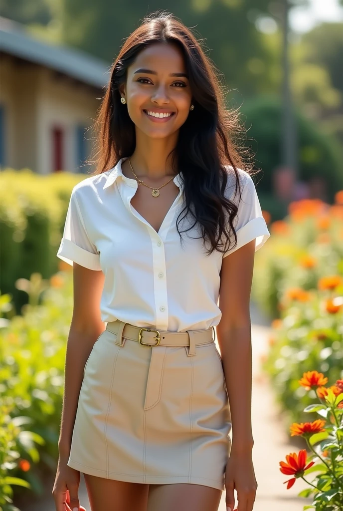 zendaya, cosplay, masterpiece, best quality, highres, kitagawa marin, 1girl, blonde hair, realistic hair, long hair, multicolored hair, red eyes, jewelry, earrings, piercing, school uniform, white shirt, tied shirt, black choker, blue necktie, plaid skirt, grin, smile, standing, cowboy shot, outdoors,