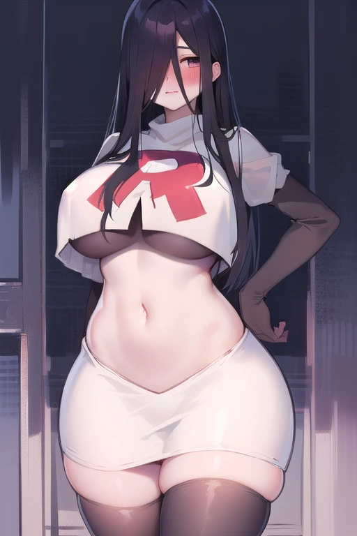 masterpiece, detailed, high quality, absurdres, sadako, (hair over eyes), pale skin, blush, large breasts, curvy, navel, stomach, groin, team rocket,team rocket uniform,white skirt,red letter R,crop top,black thigh-highs,black elbow gloves, cowboy shot,