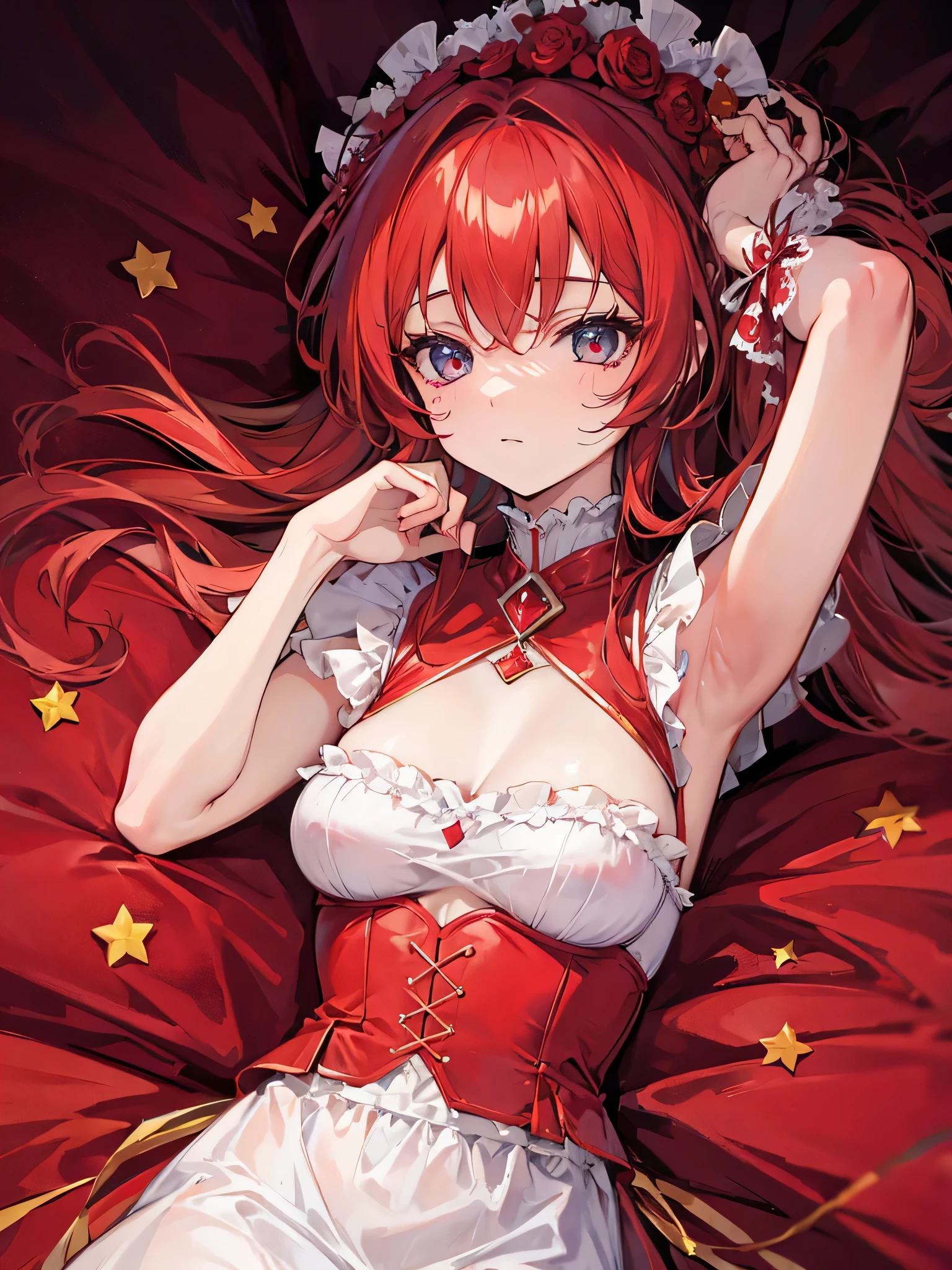 High quality, masterpiece, ultra-detailed, thighband pantyhouse, white lingerie, 1girl, solo, peaceful expression, long red hair, enchanting eyes, heterochromia, blue and yellow eyes, fox ears, ridiculously large breasts, grabbing own breast, shiny skin, bedroom, christmas