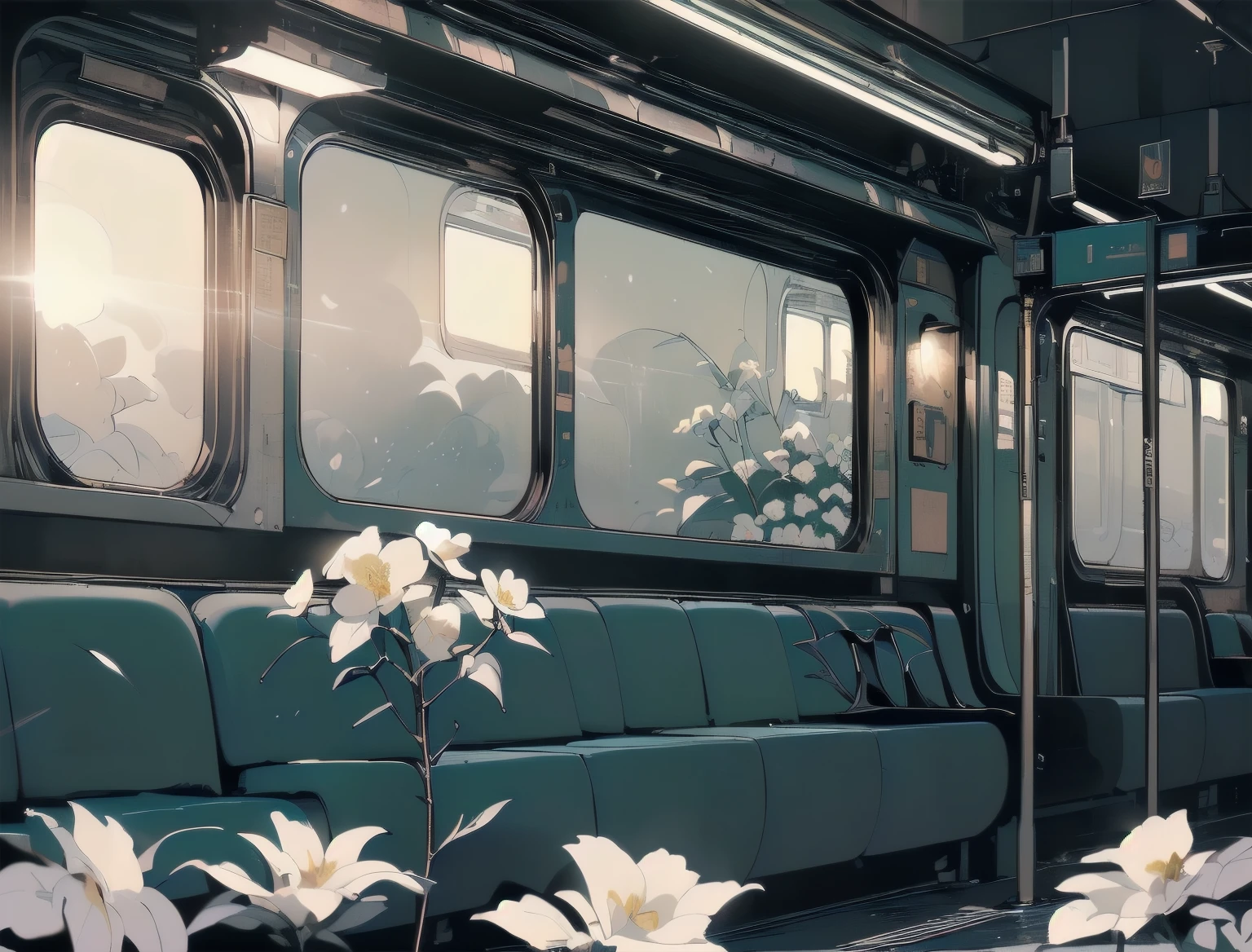 (((Masterpiece, top quality))), (((32K wallpaper))), ultra high resolution, gorgeous light leak, (((backlit))), highly detailed background, top quality, (((no humans))), Empty train, (((White flower))),  (((( very dull color )))), ((((Detailed train seating))), (((Strong light shines in)))、(((night)))、(((moonlight)))