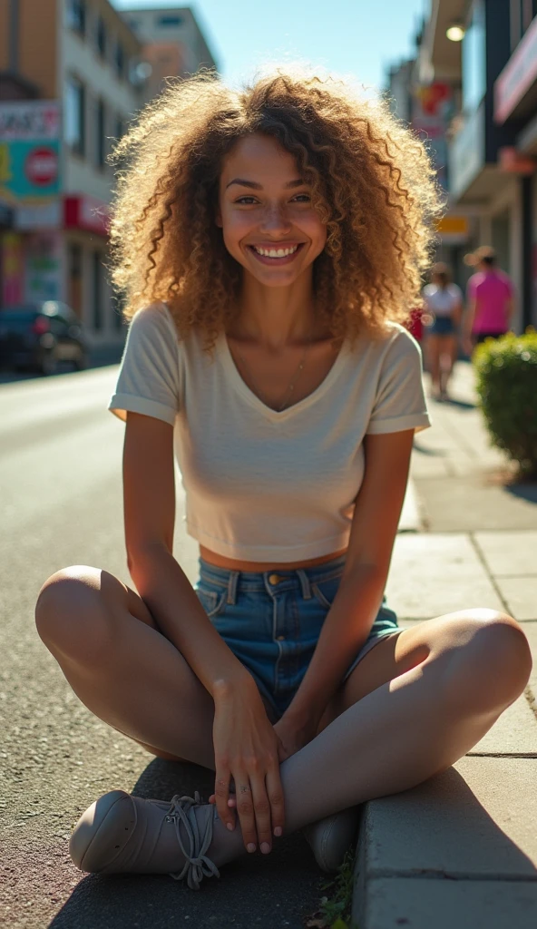 Show entire body, feet in view, aerial view, Māori teen, dirty blonde curly hair, huge breasts, crop top t-shirt, short skirt, exposed cleavage, wearing sheer grey pantyhose, the waistband of her pantyhose covers her bellybutton, pretty feet, The ultra -The high-definition, sitting on a curb, city street, looking up at audience, smiling