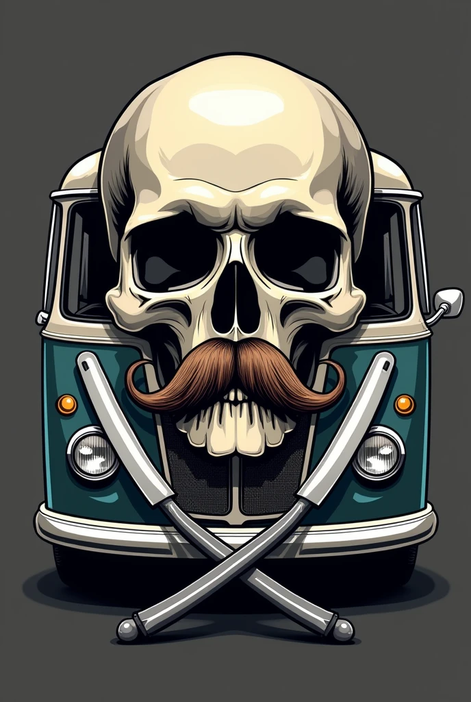 "Design a unique and stylish logo that merges the essence of a classic Mercedes 11-14 bus with a sophisticated barber shop. The logo should feature a front view of the bus, but instead of a windshield, place a sleek skull with a finely curled mustache. The mustache should be prominent and elegantly styled, evoking a vintage barber shop vibe. Incorporate the bus’s iconic headlights and grille, subtly morphing them into the shape of barber poles or combs on either side of the skull. Below the bus and skull combination, add a pair of straight razors crossed, with the blades forming the bottom part of the logo. Use a minimalist color palette with metallic accents to give the logo a modern, classy feel, blending the rugged charm of the bus with the refined appeal of a traditional barber shop.