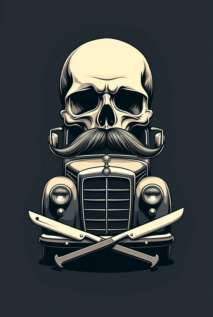 "Design a unique and stylish logo that merges the essence of a classic Mercedes 11-14 bus with a sophisticated barber shop. The logo should feature a front view of the bus, but instead of a windshield, place a sleek skull with a finely curled mustache. The mustache should be prominent and elegantly styled, evoking a vintage barber shop vibe. Incorporate the bus’s iconic headlights and grille, subtly morphing them into the shape of barber poles or combs on either side of the skull. Below the bus and skull combination, add a pair of straight razors crossed, with the blades forming the bottom part of the logo. Use a minimalist color palette with metallic accents to give the logo a modern, classy feel, blending the rugged charm of the bus with the refined appeal of a traditional barber shop.