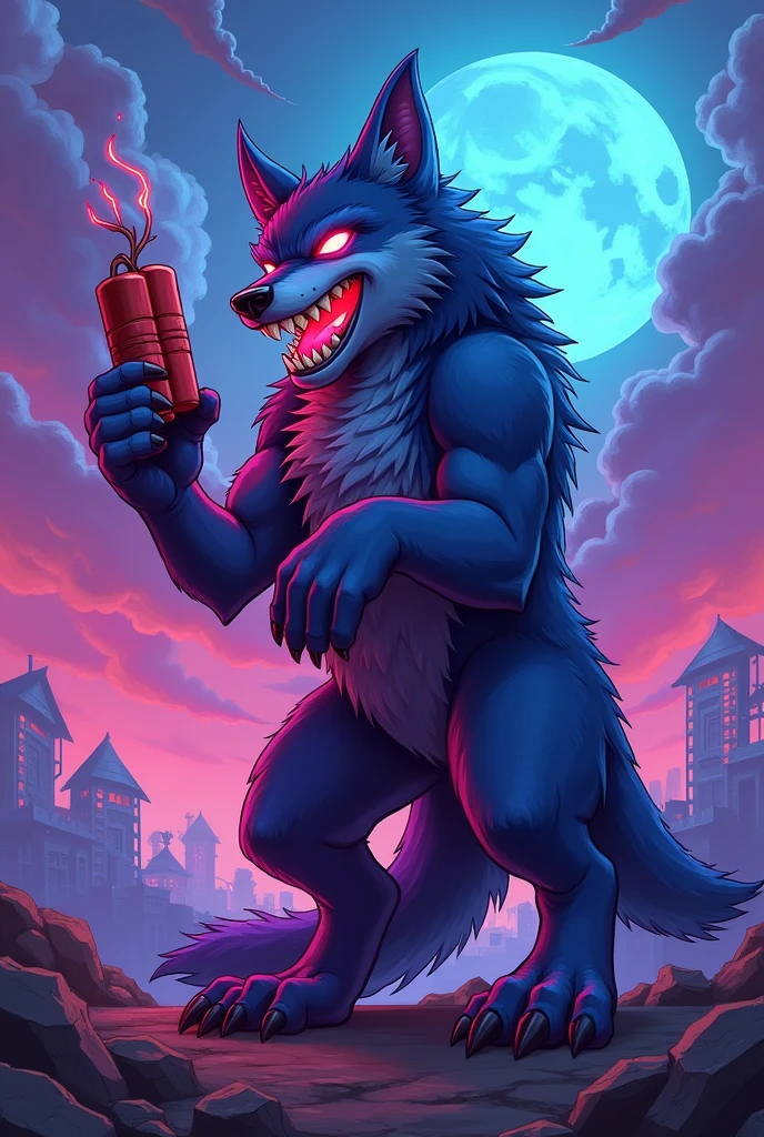 Make a chill wolf, that's holding dynamite, that belongs to a squad. gamer style, that is standing holding dynamite. Describe the image but make the wolf look like a psychopath, showing his teeth and about to throw the dynamite. 