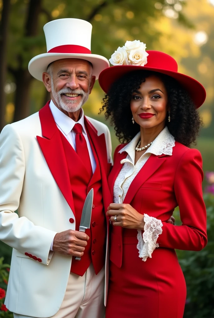 Older man 80 years old , charming, White hat with red, wide smile, White suit with red chalet, Beside him a woman of 70 years old, Beautiful with black curly hair, Dressed in red and white, On her head a red hat with white roses, in the girl's hands a knife, your serious eyes