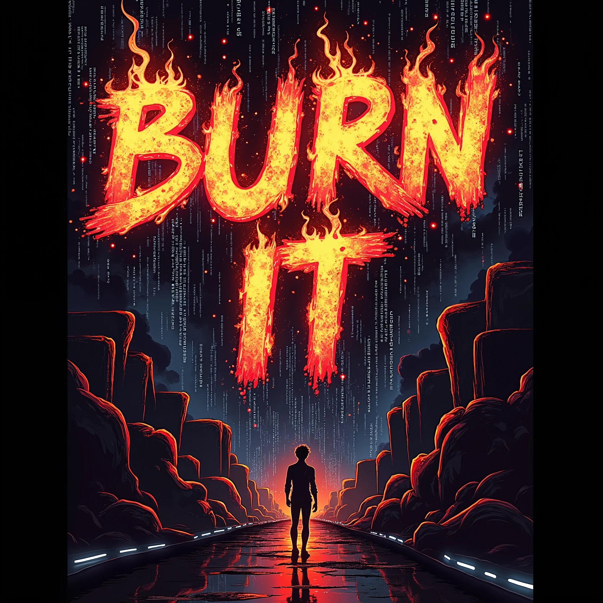 intricate typographic poster, anime style typography, Large text everywhere "BURN IT", dramatic lighting, bright colors, neon glow, futuristic elements of science fiction, detailed inscriptions, dynamic composition, moody atmosphere, stark contrasts, urban cyberpunk aesthetics, complex parts, Seamless Integration, masterful execution