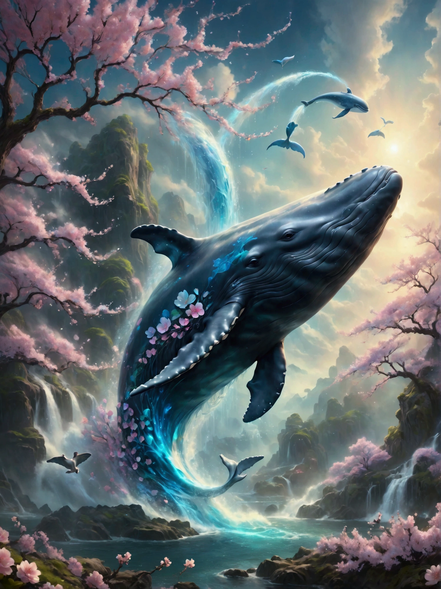 in a whimsical fantasy kingdom, a majestic and translucent whale soars through the sky, defying the laws of nature. its immense form emits a cold light, in this high-resolution image,every flowing curve and wrinkle is captured in exquisite detail. The surrounding cherry blossoms float gently through the surrounding air, delicate petals unfold and cascade like rain, falling from ethereal branches,these branches cling tightly to the colossal body of this magical behemoth. the fantastical landscape surrounding this aerial spectacle bursts with vibrant hues, As if illuminated