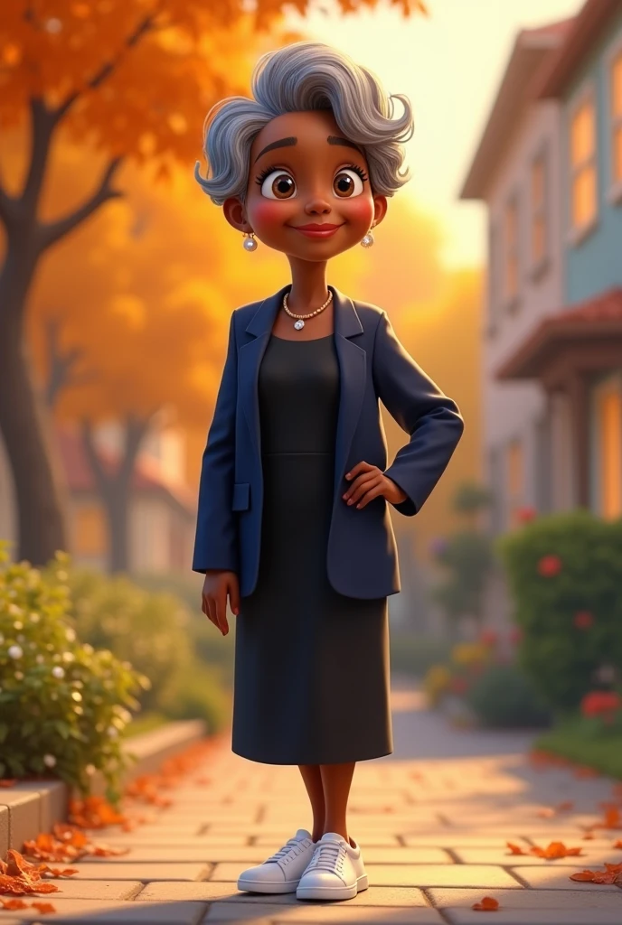 Create a 79-year-old Black woman in the style of Disney Pixar with short, masculine hair, brown eyes, a black dress, a navy blazer, and white sneakers.