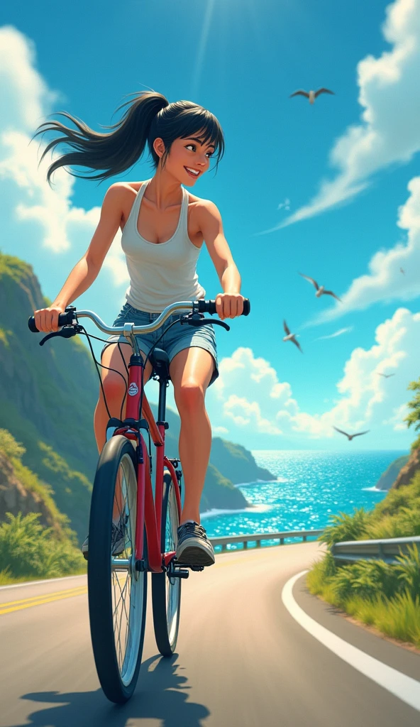 a teenager girl riding bicycle on the road with ocean view, tan skin, white tank top and short jeans, sweaty, doing stunt, going downhill, high speed, happy face, looking at viewer, high ponytail hair, black hair, summer vibe, sunny day, windy, bird in the sky, glitenning ocean surface, Ghibli artwork, cinematic compose, vibrant sunlight, vibrant color, vibrant environment, light flare, bokeh