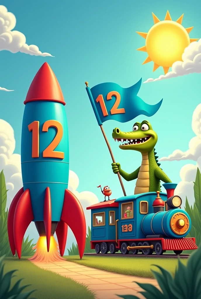 Blue rocket with the number 12 and green rocket with the number 12. A train with the number 12 and an alligator holding the blue flag with the number 12