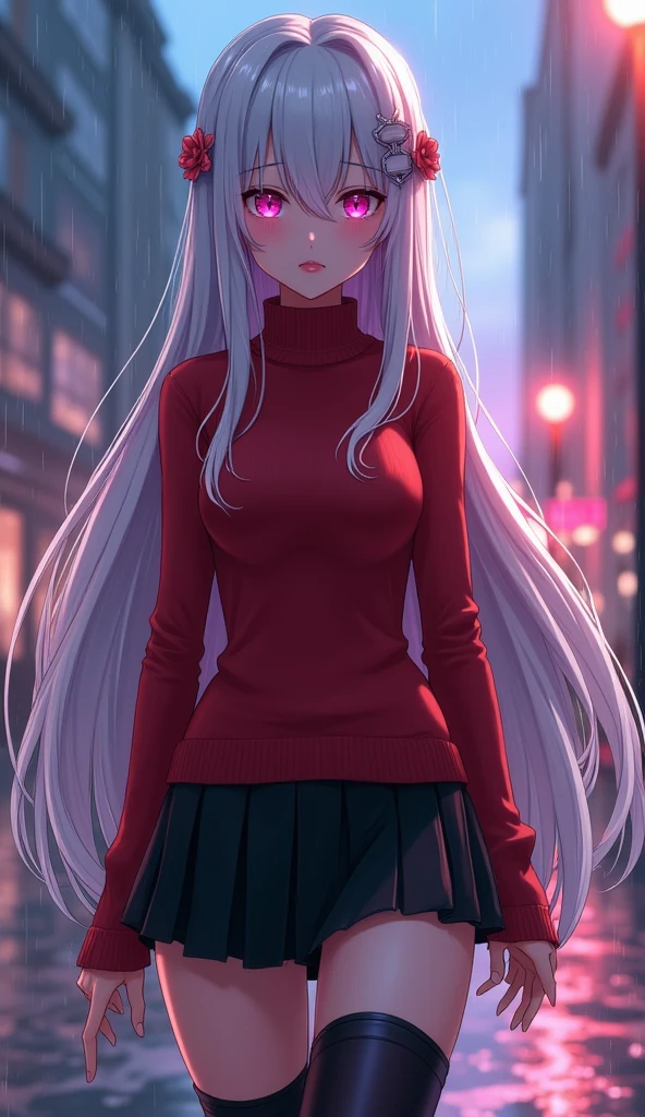 photorealistic,Realistic illustration in Modelshoot style,((masterpiece)),((The best quality)),((Ultra Quality)),((ultra detailed)),((1girl long white hair)),((Only)),((waifu:1.5)),Perfect anatomy,perfect hands,beautiful cuerpo,beautiful_method,ulzzang-6500-v1,e-chica,((Exceptionally Beauty Waifu Princess Tifa Lockhart)),rintohsaka, rin tohsaka, aqua eyes, black hair, hair ribbon, long hair, ribbon, sidelocks, two side up, black skirt, black thighhighs, long sleeves, miniskirt, pleated skirt, ((red sweater)), skirt, sweater, thighhighs, turtleneck, city background, sitting, character sheet, upper body, portrait, looking at viewer,((bright-pink_eyes)),long wavy hair, ((white hair)),hair clips,eyeliner,cute makeup,lipstick,Glossy lipstick,with a look of terror, worry and sadness,((eyes detallados perfectos)),rainy with fog outside,evening,pink theme,bioluminiscencia,light particles,((Extremely CG Unity 8K Wallpaper)),((cinematic lighting,Best quality lights)),intricate details,Suave,sharp focus,Extremely beautiful and aesthetic,Octane rendering,Full length portrait,damp skin,((Perfect detailed body)),
