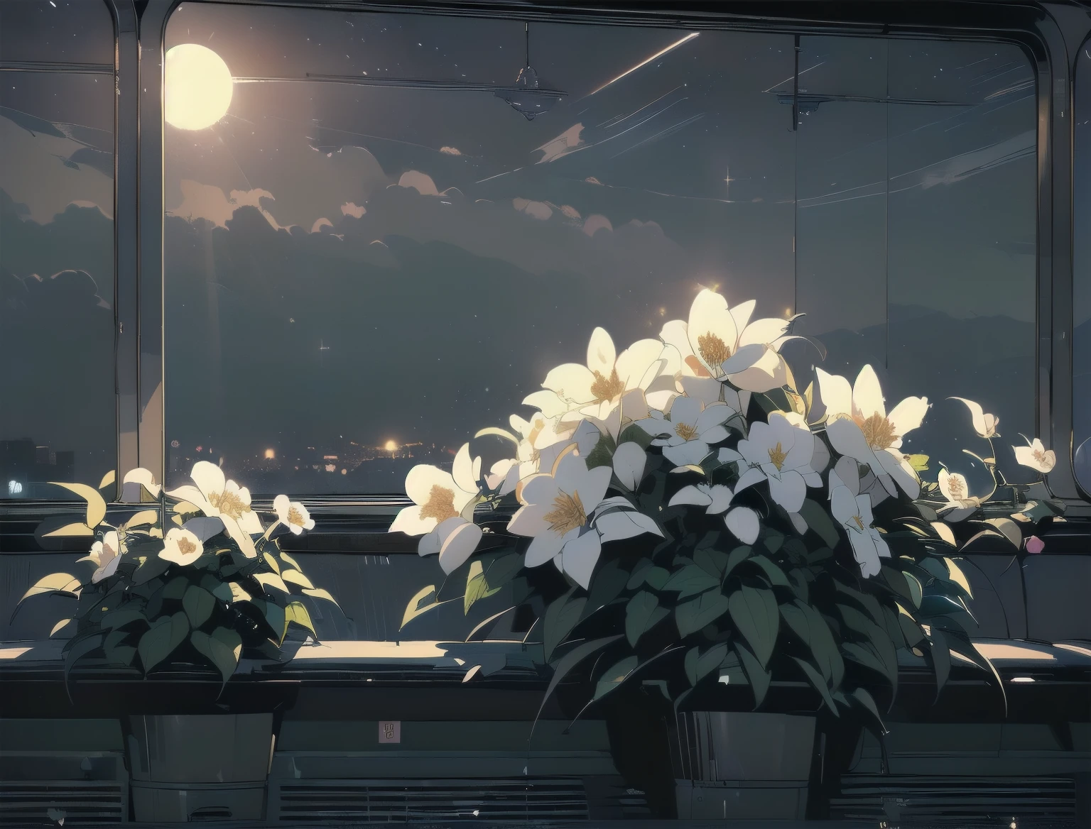 (((Masterpiece, top quality))), (((32K wallpaper))), ultra high resolution, gorgeous light leak, (((backlit))), highly detailed background, top quality, (((((no humans))))), Empty train, (((White flower))), (((( very dull color )))), ((((Detailed train seating))), (((Strong light shines in)))、(((night)))、(((moonlight)))