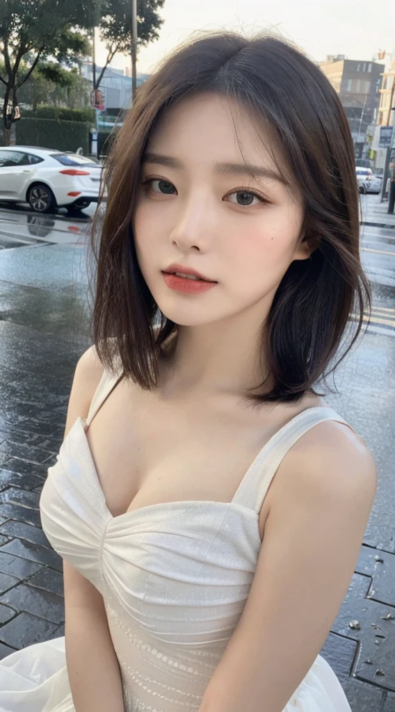 ((Best Quality, 8K, Masterpiece:1.3)), Focus:1.2, Perfect Body Beauty:1.4, Buttocks:1.2, (Layered Haircut:1.2)), (Rain, Street:1.3), Bandeau Dress:1.1, Highly Detailed Face and Skin Texture, Delicate Eyes, Double Eyelids, Whitened Skin, (Round Face: 1.5) ,lovely lips , beautiful dress,big eyes, 