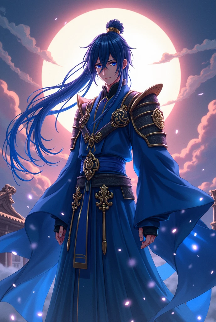 put the name: (The Eminent Divine Spirit), written in the drawing. Create a character, MASCULINE with warrior style JAPANESE ANIME STYLE, black hair with a cobalt blue strand in a single hair, cobalt blue eyes.
