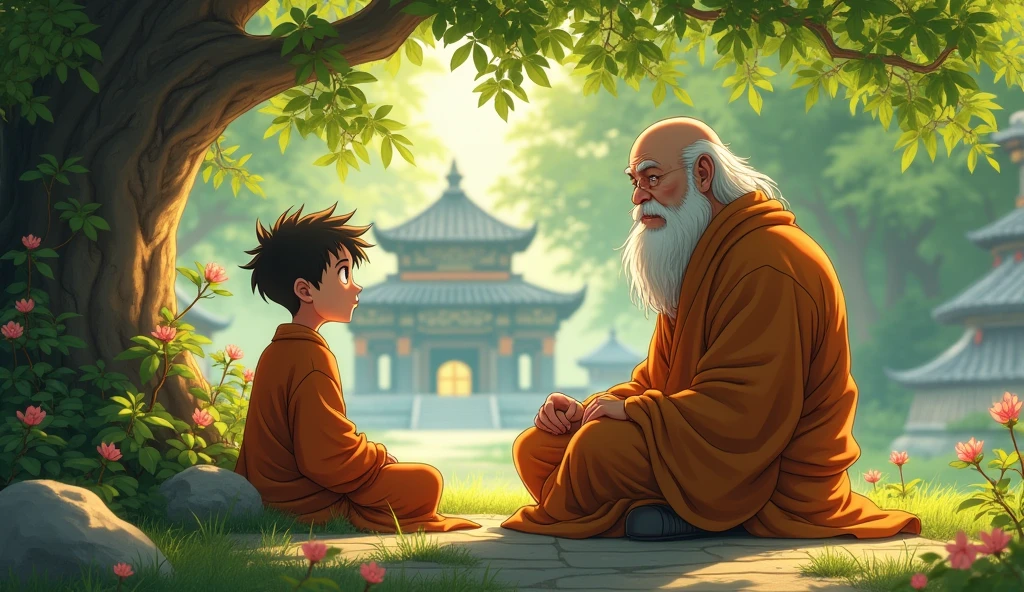 Young monk student sitting with his old fat monk master and monk talking to his student, in anime style, trees, temples, beautiful scenario,