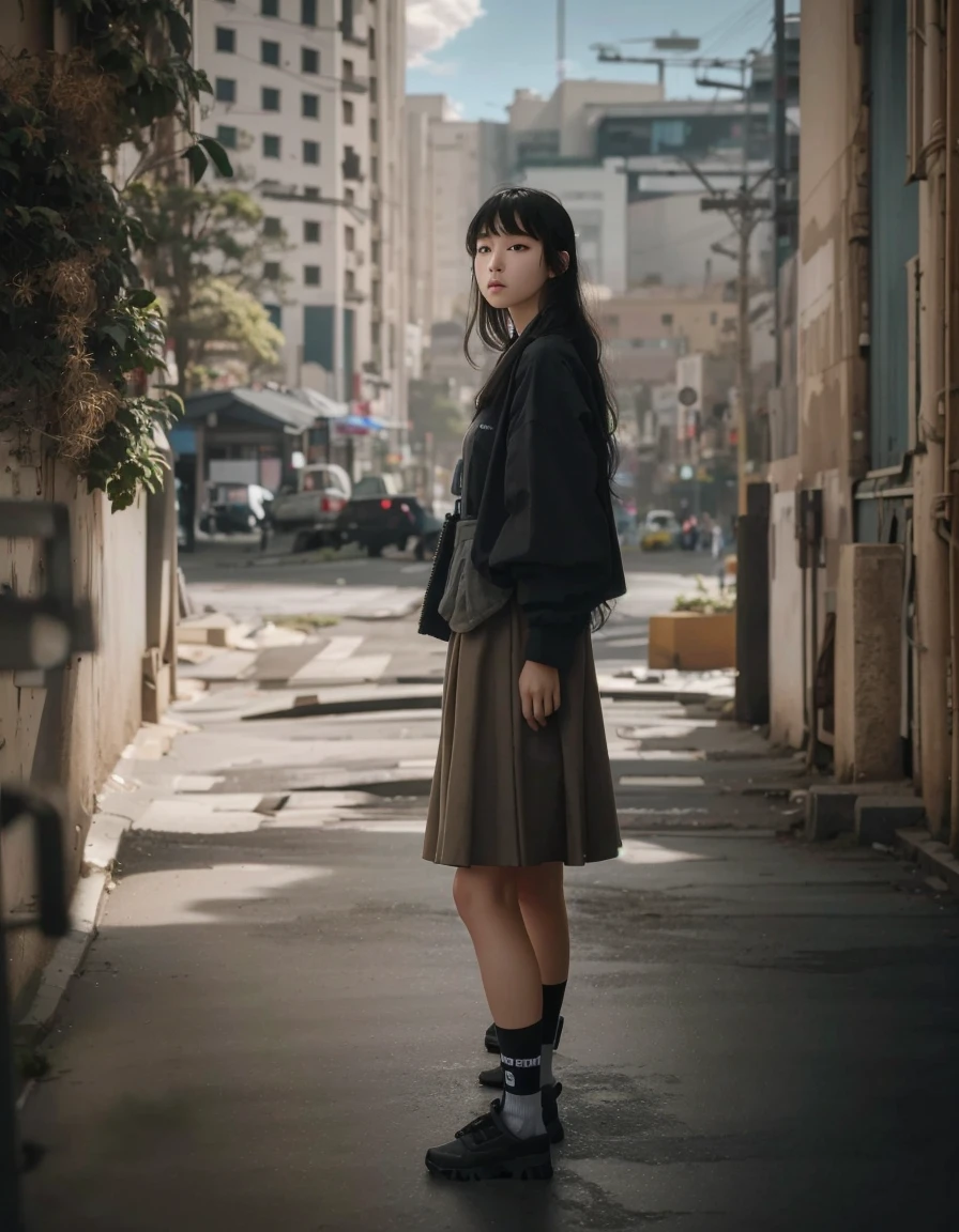 Surreal, masterpiece, highly detailed, sci-fi, dystopia, (beautiful eyes), (bangs), black hair, young Japanese beauty, detailed face, detailed skin, baggy clothes, high socks, skirt, cyber Punk, soft light, subsurface scattering, ((skyline)), cumulonimbus clouds, busy streets, pollution, dust.