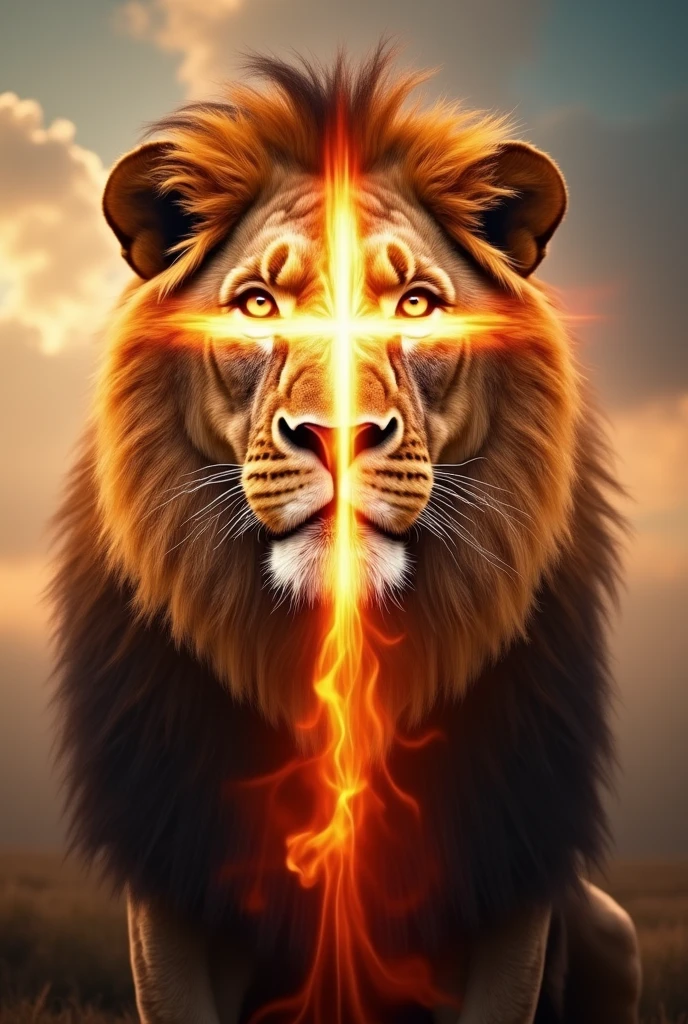 The face of a lion with a transparent flaming cross in the middle of his face 