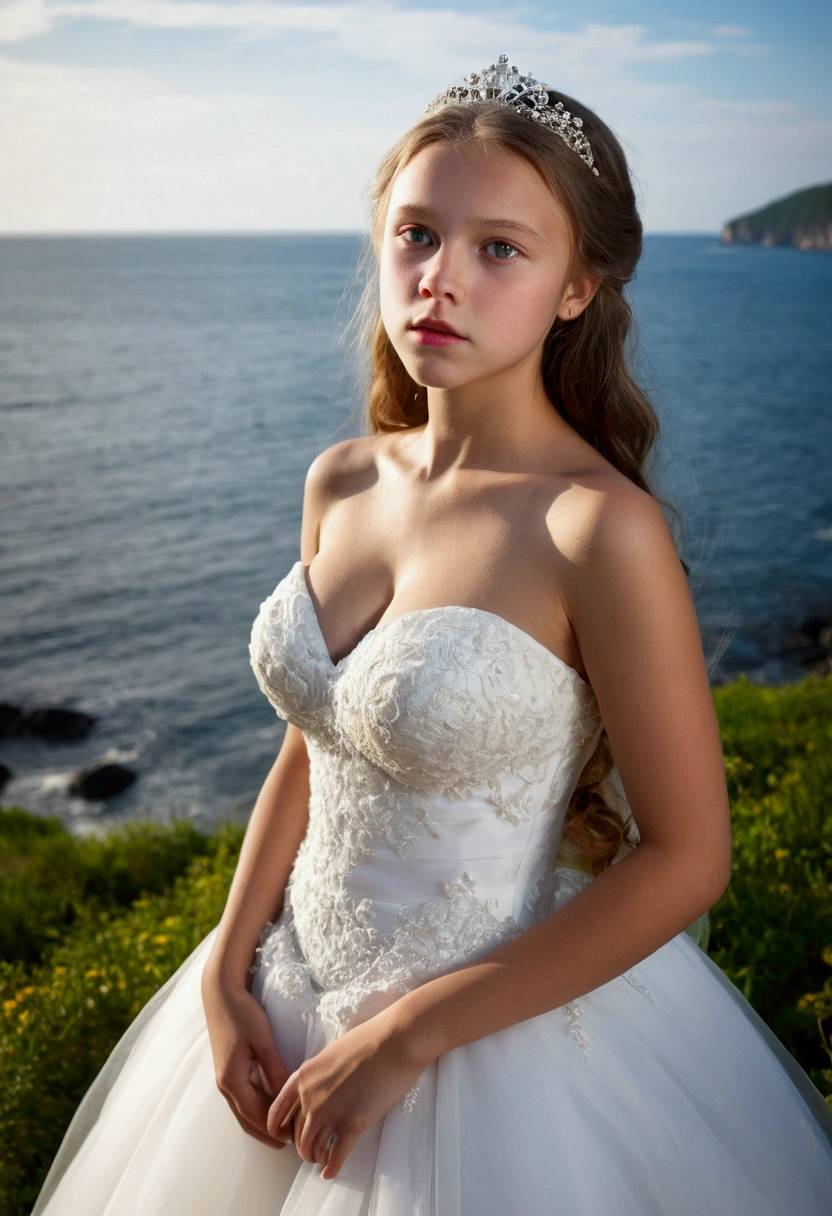 Seeking a skilled photographer to capture a stunning high-resolution portrait of an shocked Russian woman ten girl at chrch in a wedding dress , capturing her natural beauty and innocence. The subject should exude charm and grace, with emphasis on her youthful features and the serene backdrop of the ocean. The girl's height should be conveyed through the composition, highlighting her stature relative to her surroundings. Preference given to photographers with experience in portrait photography and capturing the essence of youth and natural beauty." Large breasts