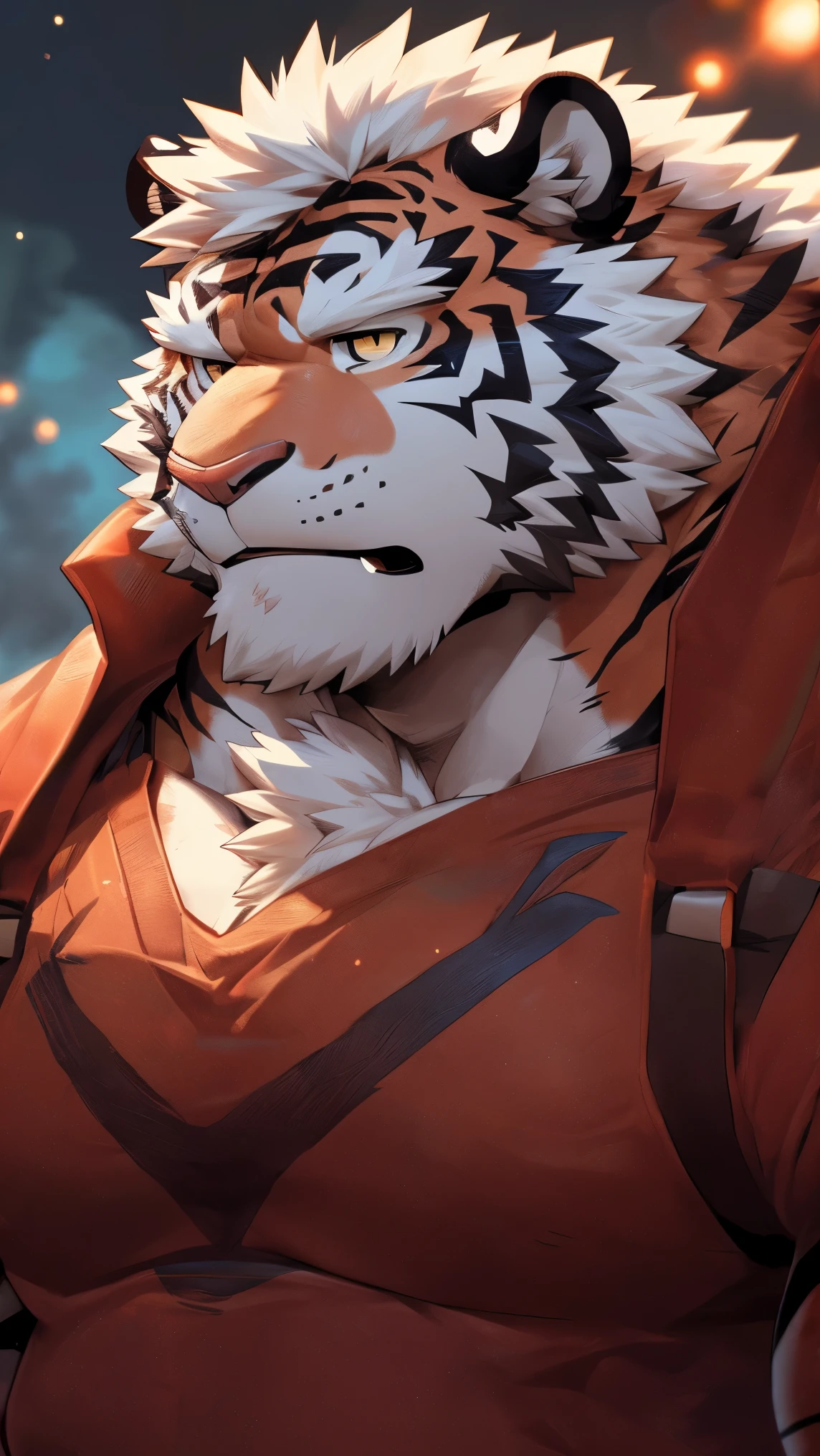 human nature, wild animals, male, 36 years old，uncle，solitary, ((Round Face, The face is plump, Golden Eyes, Thick white hair，Scars)), ((Endomorph, Handsome，Hot Blood)), （Mecha suit，no electricity，exhausted), ((domestic white tiger, Tiger Orc) Fluffy fur, Fluffy, blue stripes), (tiger print), Bokeh, (high quality, high resolution, masterpiece), (Dynamic Lighting, Vibrant colors), (Revitalize，harm，Contempt), Full body pictures (close up), cartoon, author：Takemoto Arashi, From Zixiong, author：Chunni, author：Ethereal，（background：Rainforest）