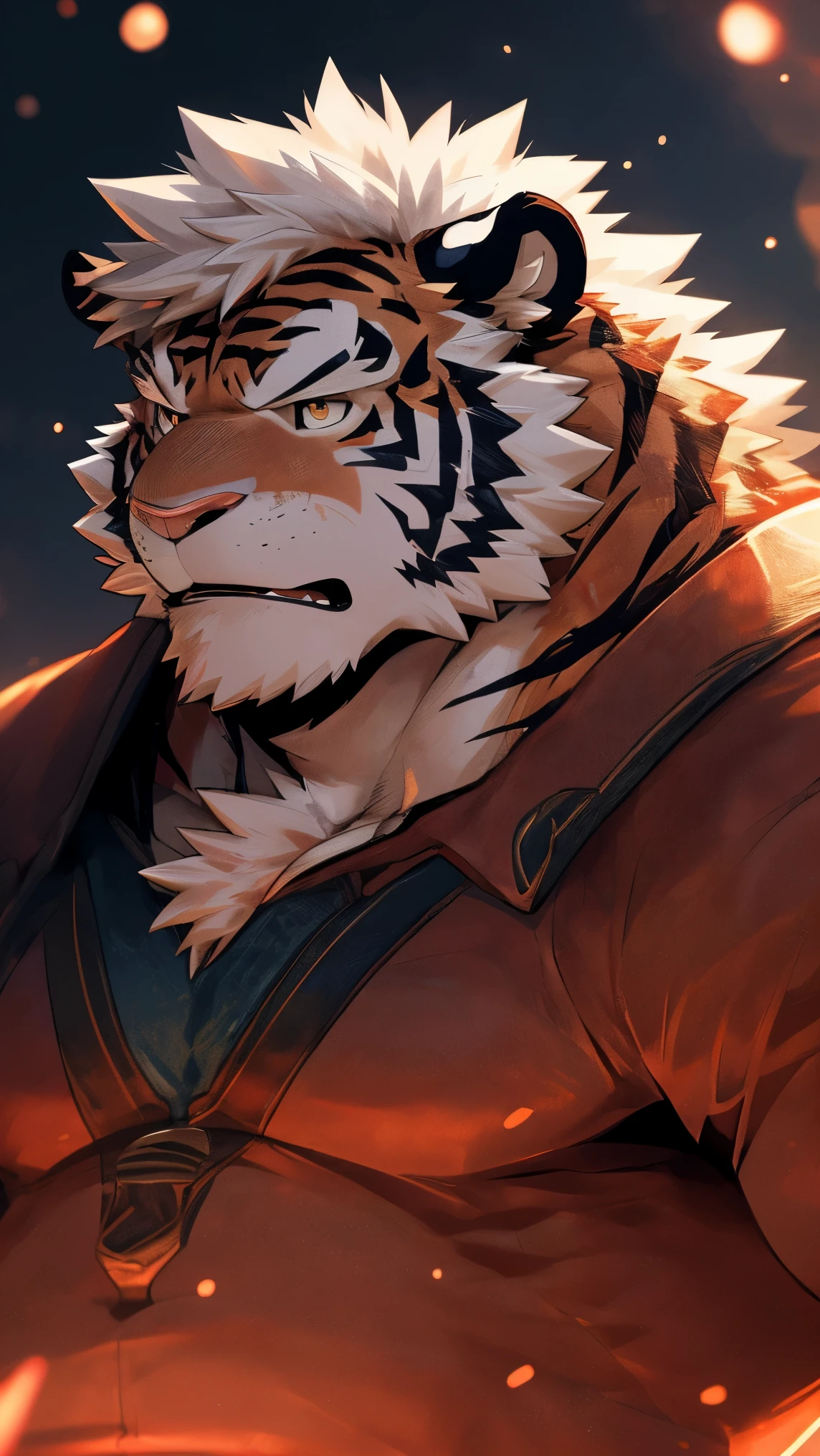 human nature, wild animals, male, 36 years old,uncle,solitary, ((Round Face, The face is plump, Golden Eyes, Thick white hair,Scars)), ((Endomorph, Handsome,Hot Blood)), (Mecha suit,no electricity,exhausted), ((domestic white tiger, Tiger Orc) Fluffy fur, Fluffy, blue stripes), (tiger print), Bokeh, (high quality, high resolution, masterpiece), (Dynamic Lighting, Vibrant colors), (Revitalize,harm,Contempt), Full body pictures (close up), cartoon, author:Takemoto Arashi, From Zixiong, author:Chunni, author:Ethereal,(background:Rainforest)