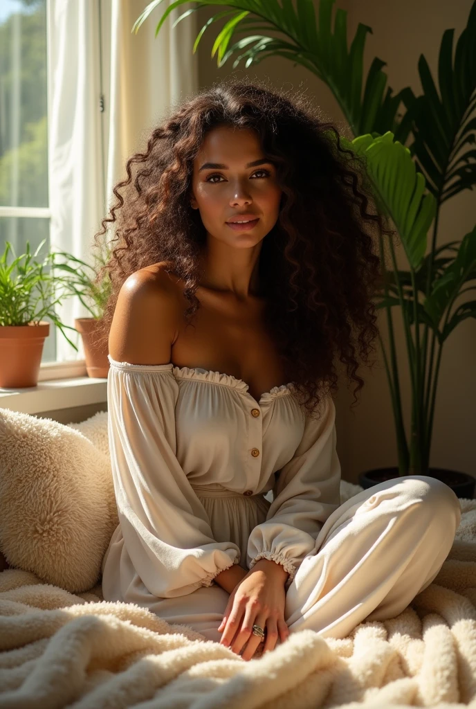 (photorealism:1.2), beautiful woman, sitting on bed, wearing loose off-shoulder top, pajama pants, long curly hair, indoors, soft lighting, plants in background, window with sunlight, cozy room, relaxed pose, realistic, intricate details, warm colors, by Greg Rutkowski, by Alphonse Mucha desnuda y con tetas y culo gigante
