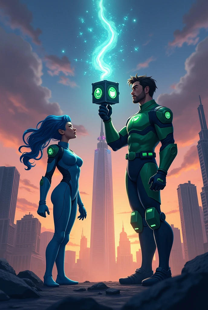 Captain Eco uses a device to detect areas of high consumption. Electra observes a building with lights on even though no one seems to be there.