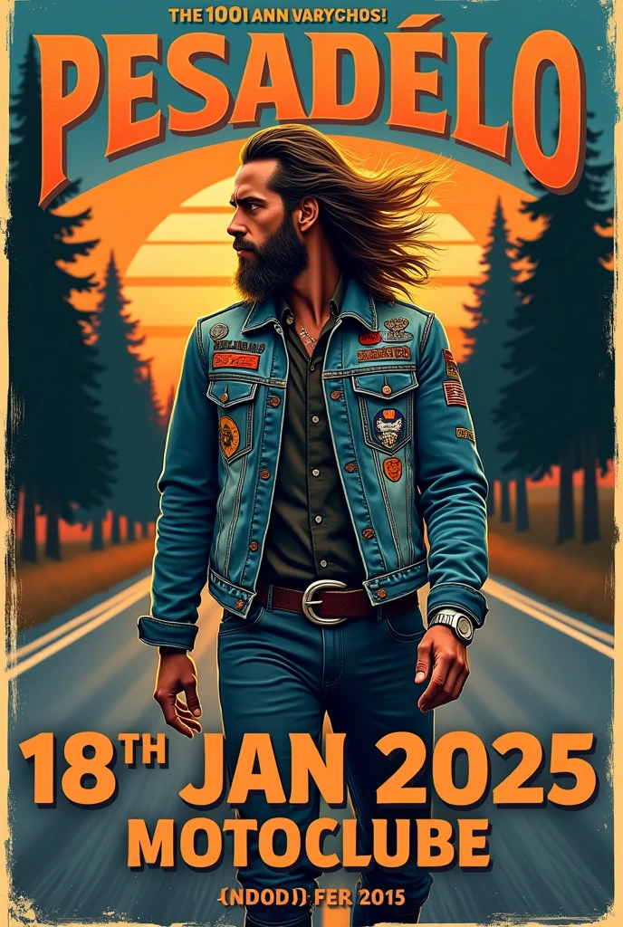 Vintage motorcycle event poster, written in Portuguese: 10th Anniversary of Pesadelo Motoclube January 18, 2025,  biker with denim vest free sides to add information