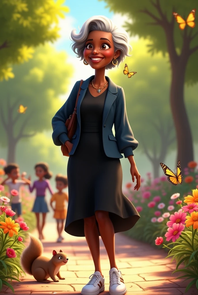 Create a 79 year old Disney Pixar style Black woman with short black men's hair, brown eyes, wearing a black dress, navy blazer and white sneakers.