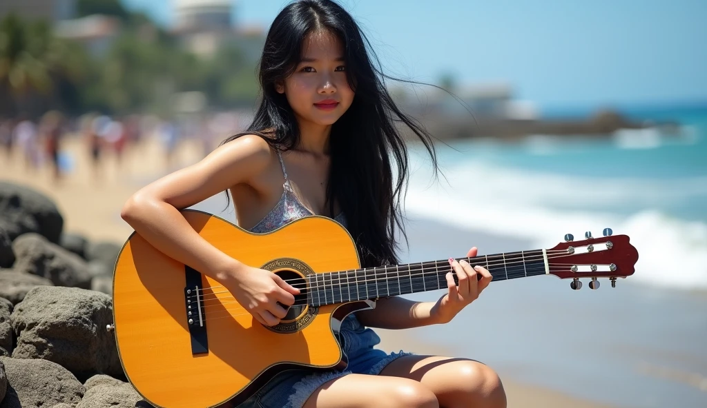 Full body photography, full body sight, Beautiful Asian girl 16 year old, long black messy hair, playing guitar, sitting at the rock of a beach, she is looking to camera. TAGS: beautiful girl, playing the guitar, tourists, lively atmosphere, Ruas movimentadas, swirly vibrant colors, street art, cultural experience