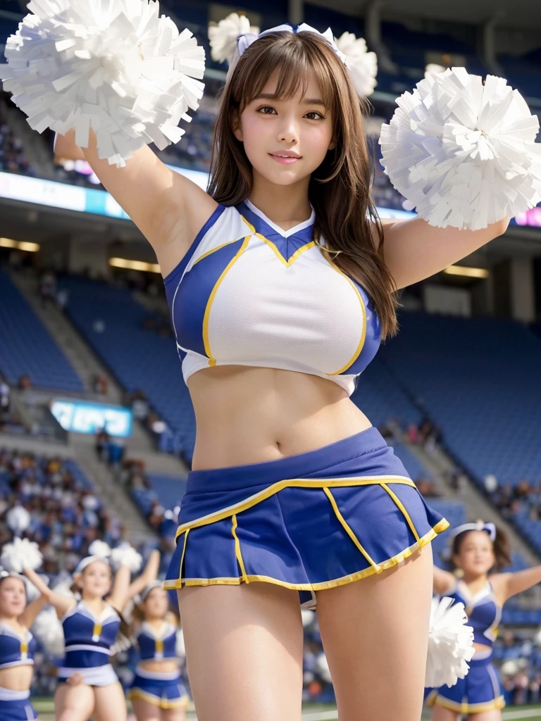 masterpiece,Highest quality,Very detailed,High resolution,(Realistic,photoRealistic:1.37),Excellent ???????,One beautiful woman,18-year-old,height:152 cm,White Cheerleader,(Holding big pom-poms in both hands:1.5),smile,cheer leading,Cheerleader uniform,(shape),Micro Pleated Mini Skirt,No underwear,((Very delicate and beautiful)),((Stadium Background:1.2)),Brown Hair,Long Hair,bangs,Very beautiful face,Cute type,Big Natural Color Lip,Small and cute nose,Big eyes,Beautiful Eyes,Brown eyes,Obvious double,Shiny highlight spots around the eyes,Character Focus,Tilt your head,The best light,Best Shadow,mysterious,Perfect Face,Very detailed,Soft Skin,(Glowing Skin,Sweaty:1.3),Beautiful legs,Voluptuous thighs,Plump body,Huge breasts,(Expresses the roundness and softness of the chest area..........1),Beautiful body,(Perfect Woman),Lift your legs,Skirt flip,Bold sexy pose,((cheer dance pose:1.5))