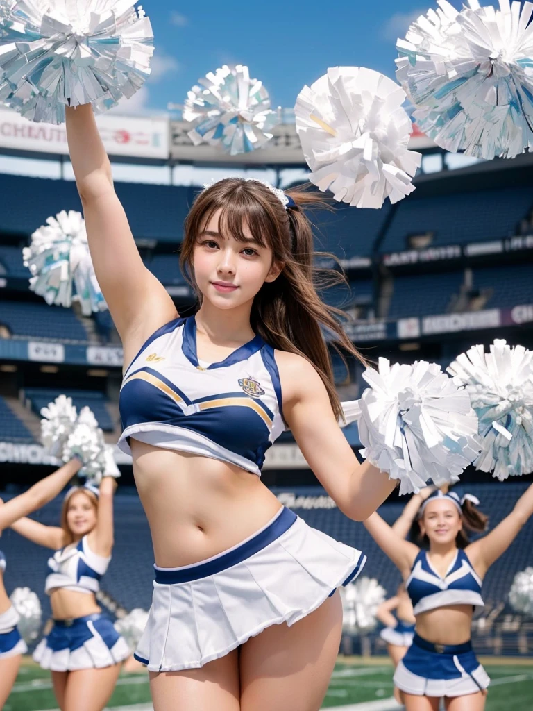 masterpiece,Highest quality,Very detailed,High resolution,(Realistic,photoRealistic:1.37),Excellent ???????,One beautiful woman,18-year-old,height:152 cm,White Cheerleader,(Holding big pom-poms in both hands:1.5),smile,cheer leading,Cheerleader uniform,(shape),Micro Pleated Mini Skirt,No underwear,((Very delicate and beautiful)),((Stadium Background:1.2)),Brown Hair,Long Hair,bangs,Very beautiful face,Cute type,Big Natural Color Lip,Small and cute nose,Big eyes,Beautiful Eyes,Brown eyes,Obvious double,Shiny highlight spots around the eyes,Character Focus,Tilt your head,The best light,Best Shadow,mysterious,Perfect Face,Very detailed,Soft Skin,(Glowing Skin,Sweaty:1.3),Beautiful legs,Voluptuous thighs,Plump body,Huge breasts,(Expresses the roundness and softness of the chest area..........1),Beautiful body,(Perfect Woman),Lift your legs,Skirt flip,Bold sexy pose,((cheer dance pose:1.5))
