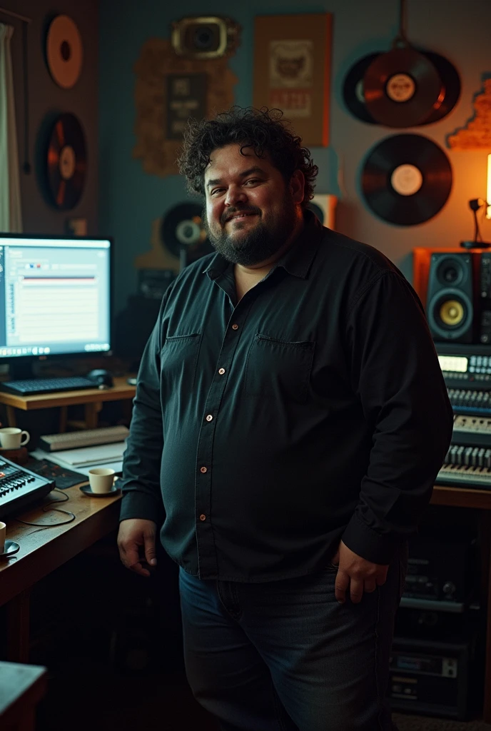 A music producer who exudes calmness but is a psychopath. His appearance is unkempt, He's overweight, cheek, He has dark curly hair