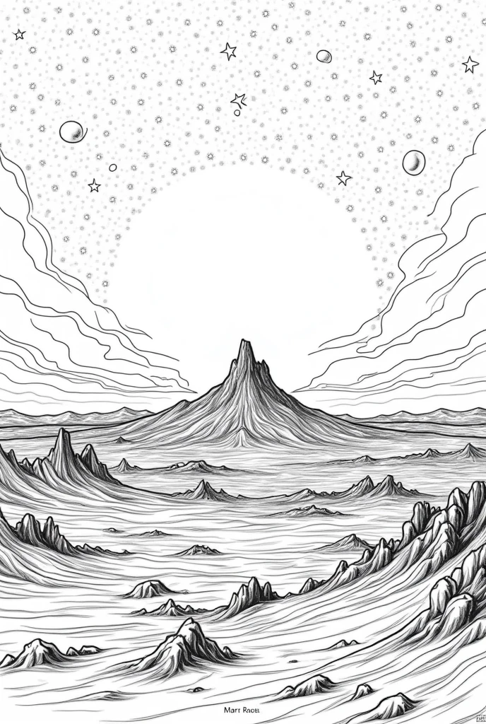 Coloring page of a view of planet Mars and the sky full of stars in black and white