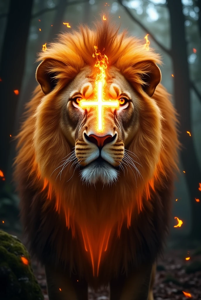 The face of a lion with a transparent flaming cross in the middle of his face 