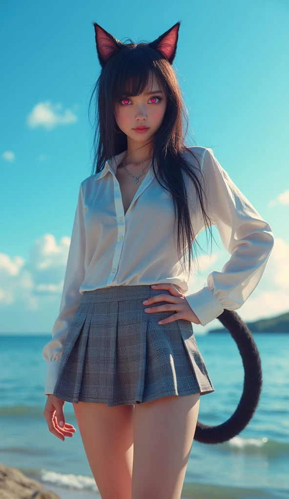 (((There is one girl:1.5))),Waifu E-girl, Cat Ears, Cat Tail, ((Glowing-Pink-Eyes)),(((A tall high school girl with a model figure))),Perfect proportions,(Standing facing this),Full body photography,(wide thighs, Very long legs),Fleshy,Mid-chest,(((Cleavage))),Breast enlargement,swelling of the nipples,Unbutton your shirt,Loafer Asterpiece on the ground:1.3),((8k, Photorealistic:1.4)),((Surreal,RAW Photos, highest quality: 1.4)),((Ultra high definition,Super detailed)), Beautiful Face,((Realistic face),(Brown's shortcuts:1.3)),Short Hair,Disheveled Hair,Fluffy hair,Detailed eyes,Realistic beautiful skin,Golden Ratio,Super cute,Open your mouth a little,smile,High school girl in summer clothes,White shirt,Sweaty,Wetty,(Wet shirt),See-through shirt,Light clothing,Surreal school girl,pleated micro mini skirt,Checkered micro mini skirt,Pleated miniskirt with tartan check,((I can see your panties!!)),pantyhose,(Black Stockings),((Knee-high stockings)),loafers,Esbian all over,High school girl wearing JK uniform,Sexy pose,Anatomically accurate body,Precisely drawn fingers,