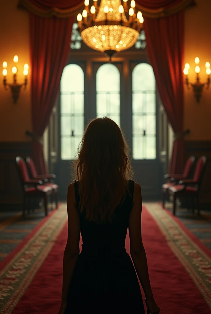 girl named Emily wearing black clothes makes a shocking face in the mansion 
