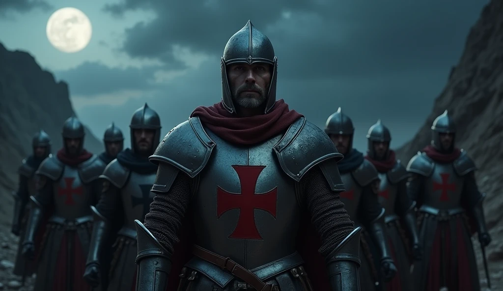 A highly realistic, high-contrast, 8K HD, detailed, hyper-detailed image of a group of Crusader knights, led by the protagonist in steel armor with a red cross emblem on his chest, all facing the same direction under the cover of night. The protagonist's face is clearly visible, showing determination and resolve as he leads the group. The other knights stand united beside him, their swords at the ready, as they prepare to face the challenges ahead. The dramatic landscape around them is illuminated only by the faint light of the moon and stars, with rugged terrain and ominous skies heightening the intensity of the scene. The atmosphere is tense yet filled with camaraderie and resolve, capturing the unity and unyielding spirit of the Crusaders as they stand together in the darkness. The image is of the highest quality, with ultra-high resolution, RAW photo quality, and Unreal Engine rendering, showcasing the solidarity and strength of the Crusaders, with the protagonist leading them under the night sky.